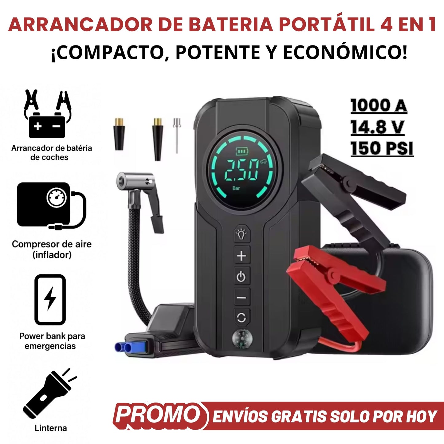 ARRANCADOR DE BATERIA PORTÁTIL 4 EN 1 + Funda de Tela + Manual Traducido
