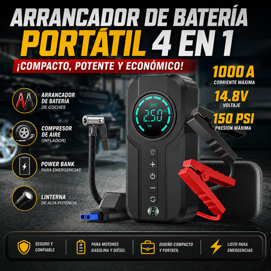 ARRANCADOR DE BATERIA PORTÁTIL 4 EN 1 + Funda de Tela + Manual Traducido